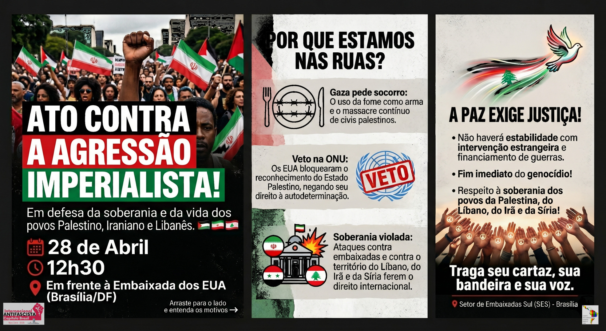 28 de Abril Ato contra agressão imperialista a Palestina, Irã e Líbano