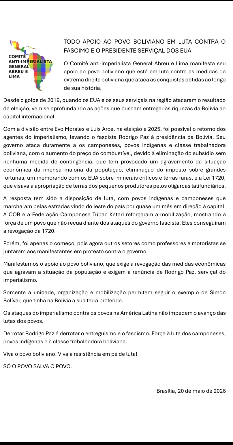 TODO APOIO AO POVO BOLIVIANO EM LUTA CONTRA O FASCIMO E O PRESIDENTE SERVIÇAL DOS EUA