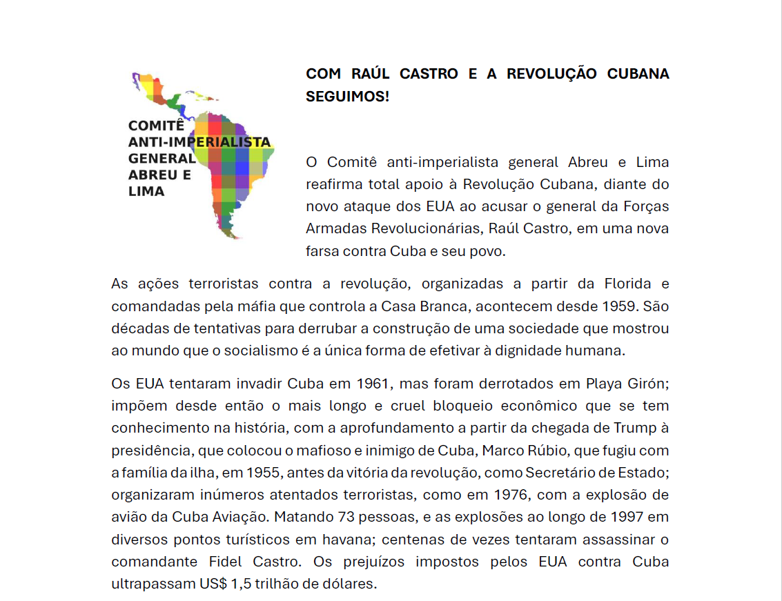 COM RAÚL CASTRO E A REVOLUÇÃO CUBANA SEGUIMOS!
