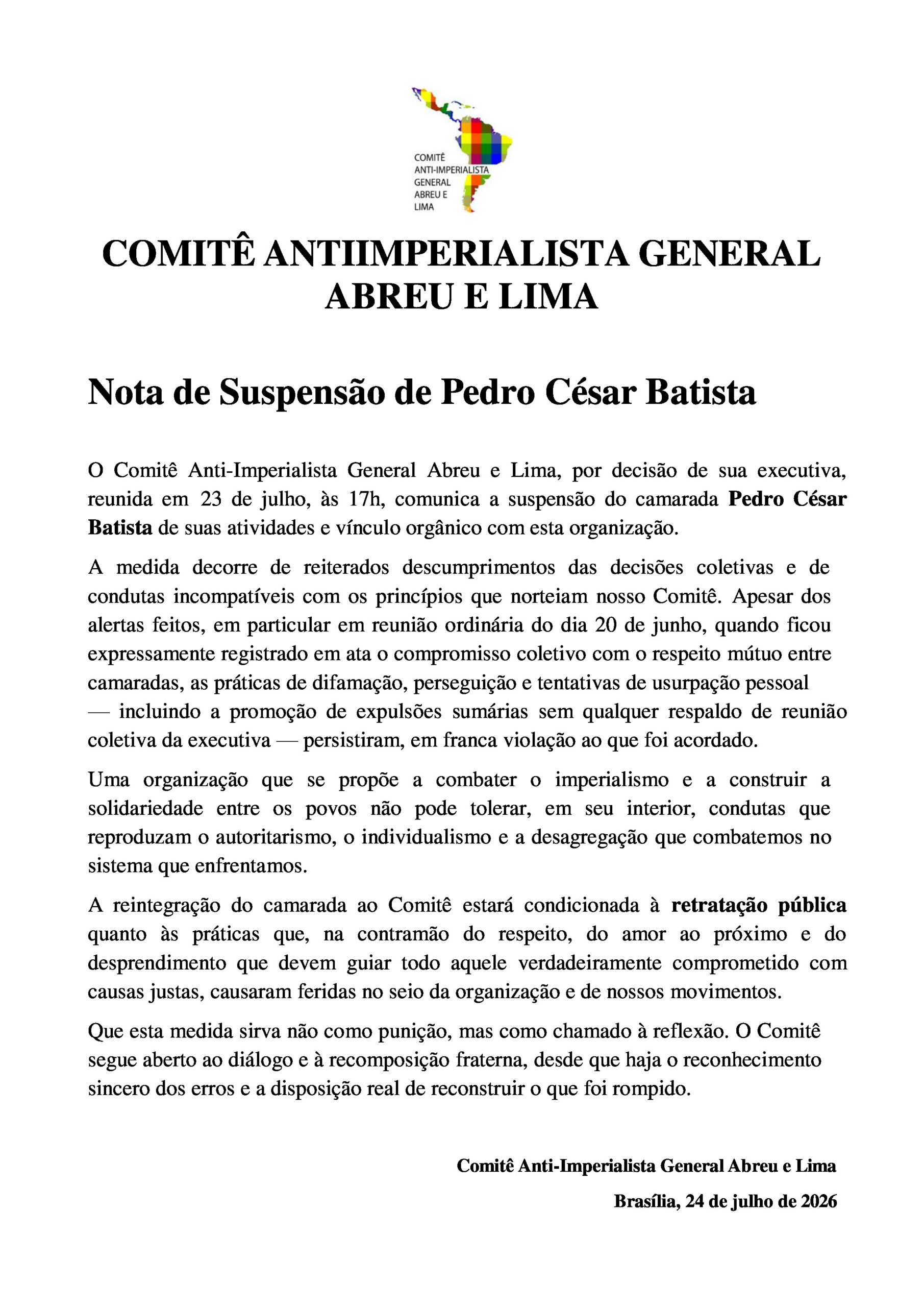 Nota de Suspensão de Pedro César Batista